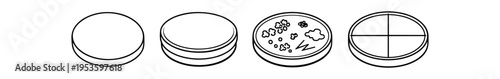 Four round tablet pill icons in outline and line styles showing stacked tablet, crushed tablet, and scored tablet