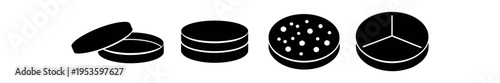 Five solid black petri dish variations including open, closed and divided designs
