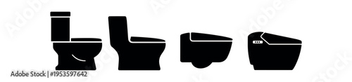 Toilet bowl silhouette icon set. WC, lavatory, bidet, bathroom sanitary fixture types. Black flat vector illustration.
