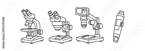 Four microscope variations and a handheld scope. Laboratory, science, research equipment symbol. Line vector illustration.