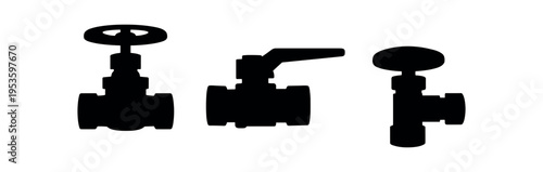Water valve silhouette icon set. Gate valve, shut off, plumbing control symbol. Black flat vector illustration.