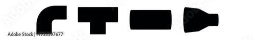 Four black silhouette pipe fittings including elbow, tee, coupling, and reducer pieces.