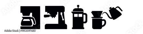 Coffee maker silhouette icon set. Drip machine, french press, moka pot, kettle. Black flat vector illustration.