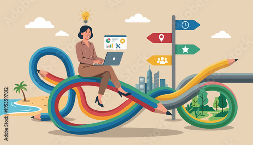 Flexible work, remote work anywhere anytime, employee choice or choose time location productivity and creativity concept, cheerful woman enjoy working with to computer laptop on flex bent pencil