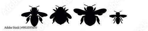 Four black bee and bumblebee silhouettes aligned horizontally