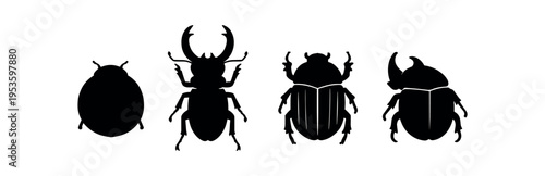 Four black beetle silhouettes including rounded and horned shapes in a row