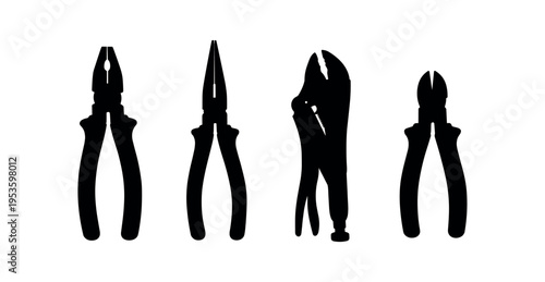 Four black silhouette pliers including combination pliers, needle nose, locking, and diagonal cutters in a row.