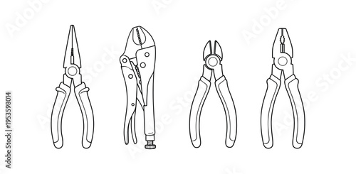 Four different pliers and cutters in simple black outline vector style.