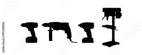 Row of cordless and corded drill silhouettes plus a drill press in black.
