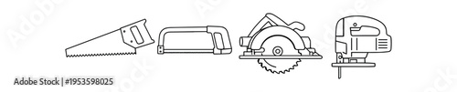 A row of four outline saw icons including a handsaw, hacksaw, circular saw, and jigsaw in black line style.