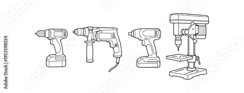 Detailed line drawings of cordless and corded drills and a drill press.