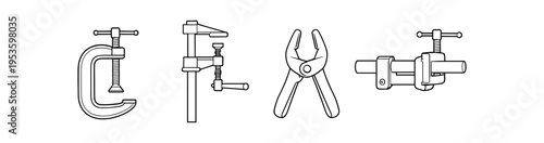 Thin outline icons of a c-clamp, f clamp, pliers and a pipe clamp in black line style