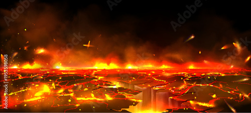 Glowing lava texture with molten magma in ground cracks, fiery red volcanic background, realistic vector illustration. Dramatic hellish liquid flame, broken stone with hot smoke and flying sparks