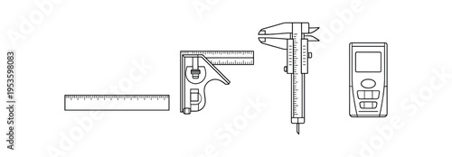 Line art measuring tools including a ruler, try square, caliper and digital meter in outline style.