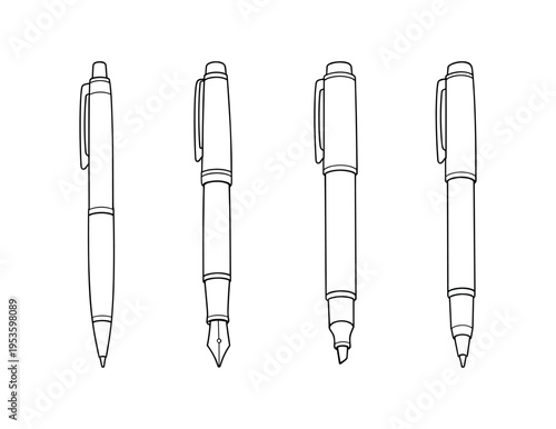 Line art illustrations of four pen types including ballpoint, fountain, chisel tip and fineliner