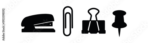 Black silhouette office supply icons showing a stapler, paperclip, binder clip and pushpin.