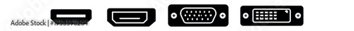 Silhouette icons of display connectors including hdmi, mini hdmi, vga and dvi ports.