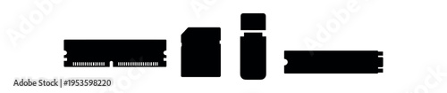 Black silhouette icons of memory and storage devices including ram module, sd card, usb stick and nvme drive