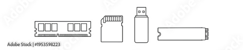 Line outline icons of memory devices showing ram, sd card, usb stick and nvme style module