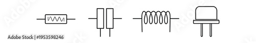 Thin line icons of passive electronic components such as resistor, capacitor, inductor and transistor style part