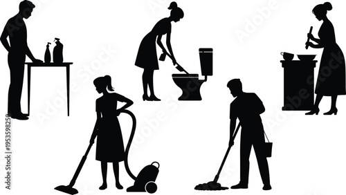 Household cleaning silhouettes people doing chores vacuuming mopping toilet cleaning cooking home lifestyle vector set