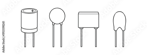 Electronic capacitor components icon set. Cylindrical, ceramic, film capacitor types. Outline line vector illustration.