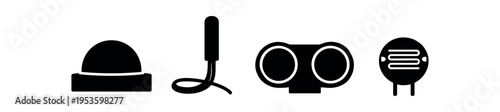 Four black silhouette sensor and transducer icons including dome sensor, probe, stereo sensor and grille sensor in a simple flat style.