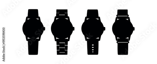 Black silhouette icons of four watches with different strap styles