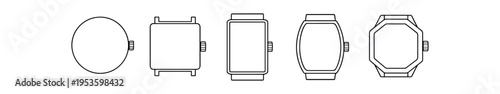 Five outlined wristwatch shapes showing round, square, and octagonal cases