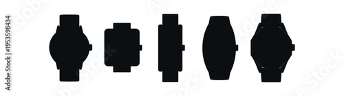 Five black wristwatch silhouette shapes showing varied case styles and straps