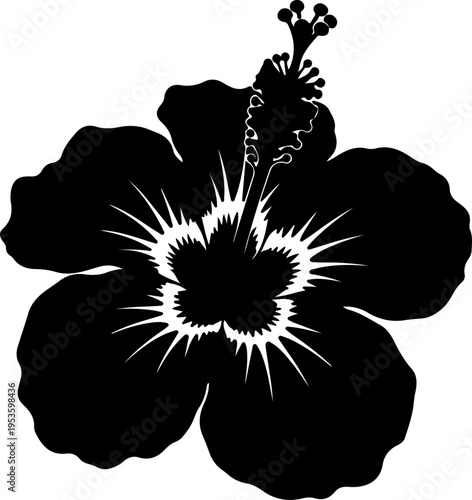 Black Silhouette of a Tropical Hibiscus Flower with White Stamen and Petals
