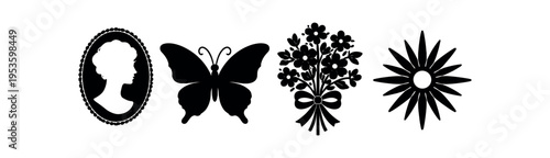 Black silhouette icons showing a cameo, butterfly, bouquet and daisy