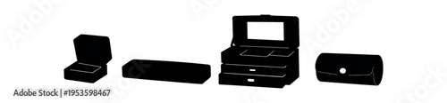 Solid black silhouette icons of a ring box, long box, multi-drawer jewelry chest, and clutch purse
