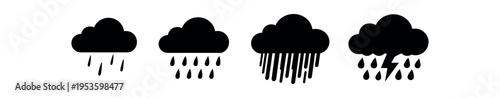 Four black cloud with rain silhouette icons in different raindrop styles