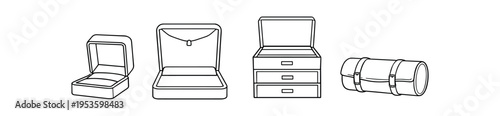 Line art illustrations showing a ring box, pendant box, three-drawer jewelry chest, and a rolled storage case in perspective