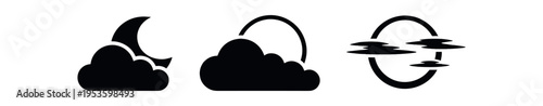 Three black silhouette weather icons including cloud with moon, cloudy, and fog