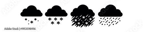 Four solid cloud icons showing different precipitation types including snow and rain.