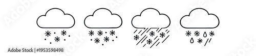 Four outlined cloud icons with varying winter precipitation including snowflakes and sleet.