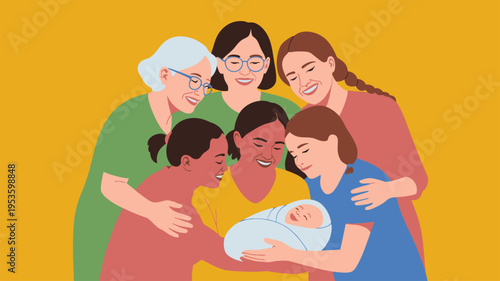 Generational women embracing newborn baby