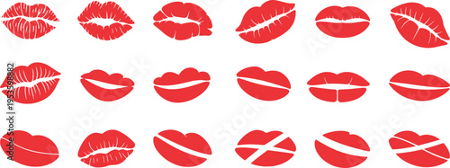 Red lips silhouettes set with kiss marks lipstick prints sensual mouth vector collection isolated