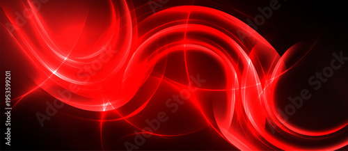 Bright red abstract waves, dynamic lines, glowing effect. Dark background emphasizes vibrant energy, smooth curves.