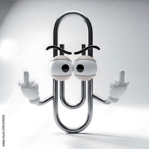 3d render of a frustrated paperclip character giving the middle finger