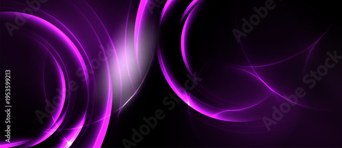 Abstract purple lines, curves, swirls create dynamic visual effect. Dark background emphasizes bright illumination. Modern design.