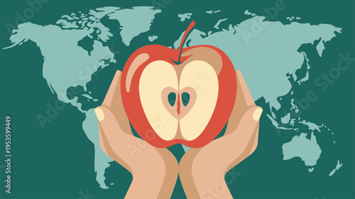Hands holding apple world map global health illustration