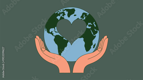 Hands holding planet Earth with heart cutout