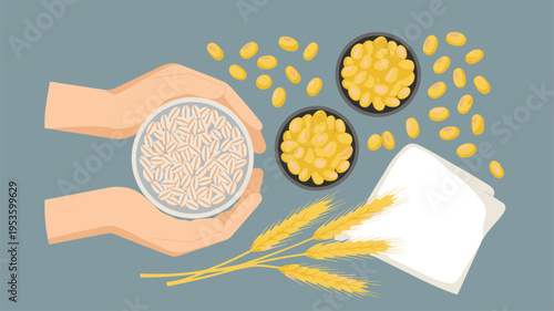 Hands holding oats bowl with wheat grains