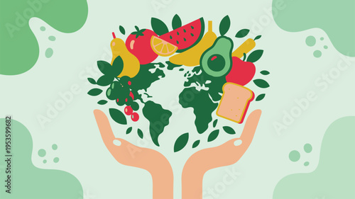 Hands holding world globe food healthy eating illustration