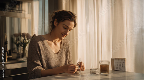 Young woman with brown hair sits at sunlit kitchen table, preparing medication with gentle smile, surrounded by glass of water, calendar, and soft morning light