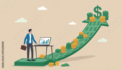 Revenue growth or investment profit too increase earning wealth accumulate, growing income financial analysis concept, businessman working computer laptop dollar sign money with rising graph