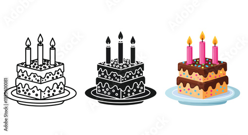Birthday cake candles celebration icon set flat - Clipart, logo template - Vector icon set - Glyph and solid icon set - Icon vector - Flat Design Icon - line icon set - Silhouette icon - Logo vector